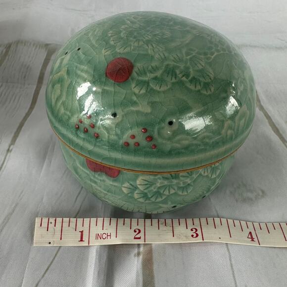 Vintage Celadon Porcelain 3 Piece Tea Infuser Strainer Cup Set Deer Floral - Picture 13 of 13